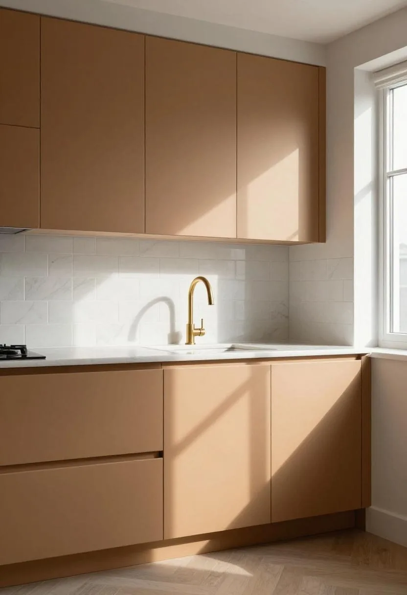 Caramel lower cabinets paired with white marble backsplash creating a warm two-tone coffee nook area
