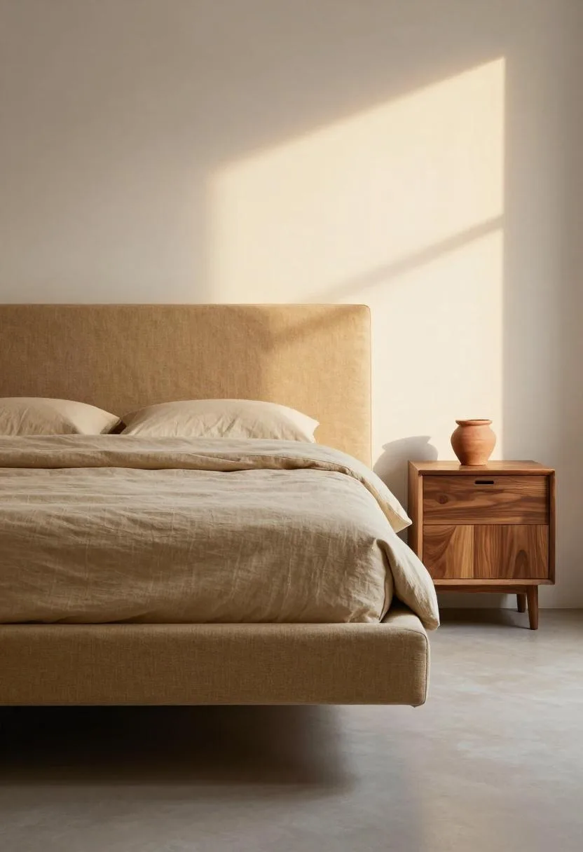 Caramel linen platform bed with rich mahogany nightstand glowing in golden hour backlight