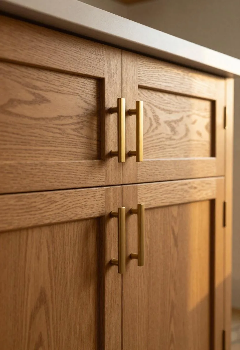 Caramel stained oak island cabinets with warm brass hardware glowing in a transitional two-tone kitchen