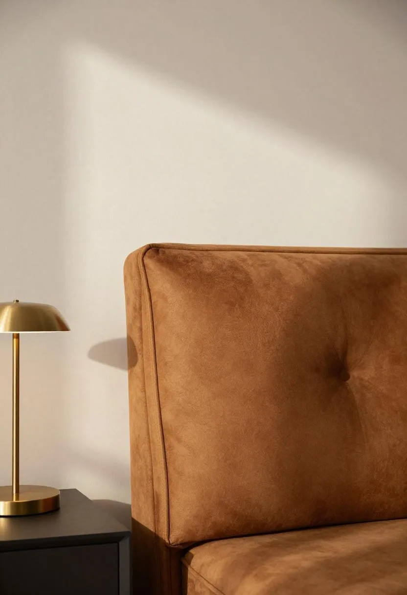 Caramel suede headboard with brass lamp detail in warm evening tones