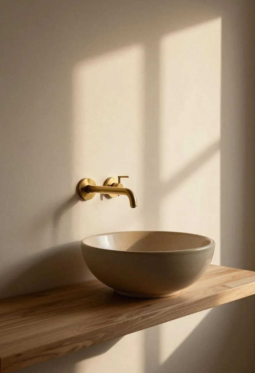 Caramel ceramic vessel sink on a walnut shelf with a wall-mounted brass faucet