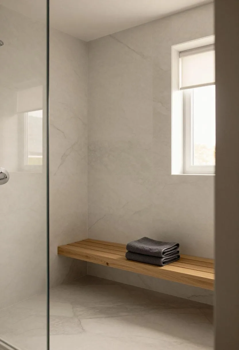 Honed Carrara marble shower walls with a built-in teak bench and a folded charcoal linen towel in golden hour warmth