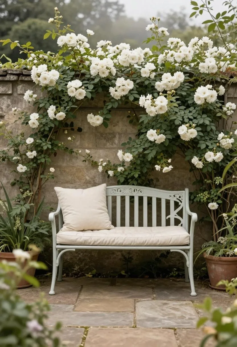 Off-white cushioned cast-iron bench beneath a climbing white rose trellis in a cottage garden