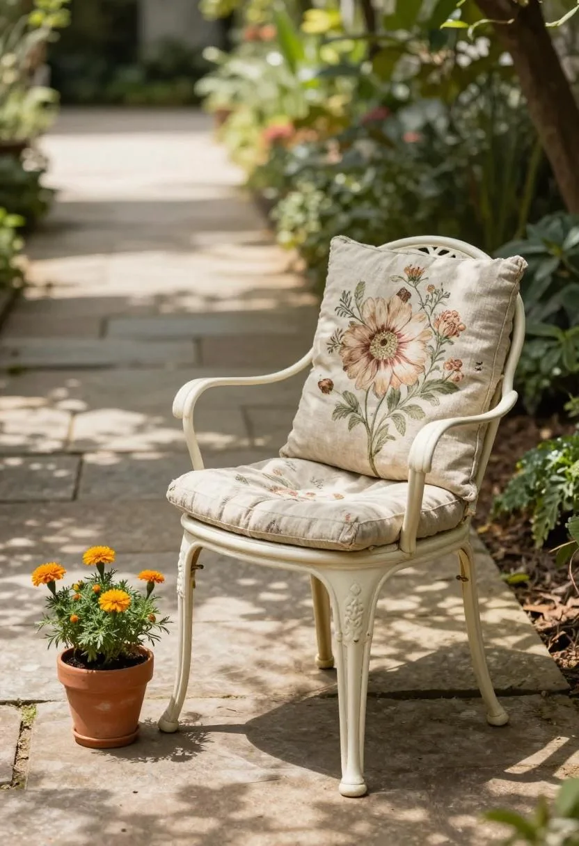 Cream cast iron chair with a floral cushion and marigold pot beside a shaded garden path
