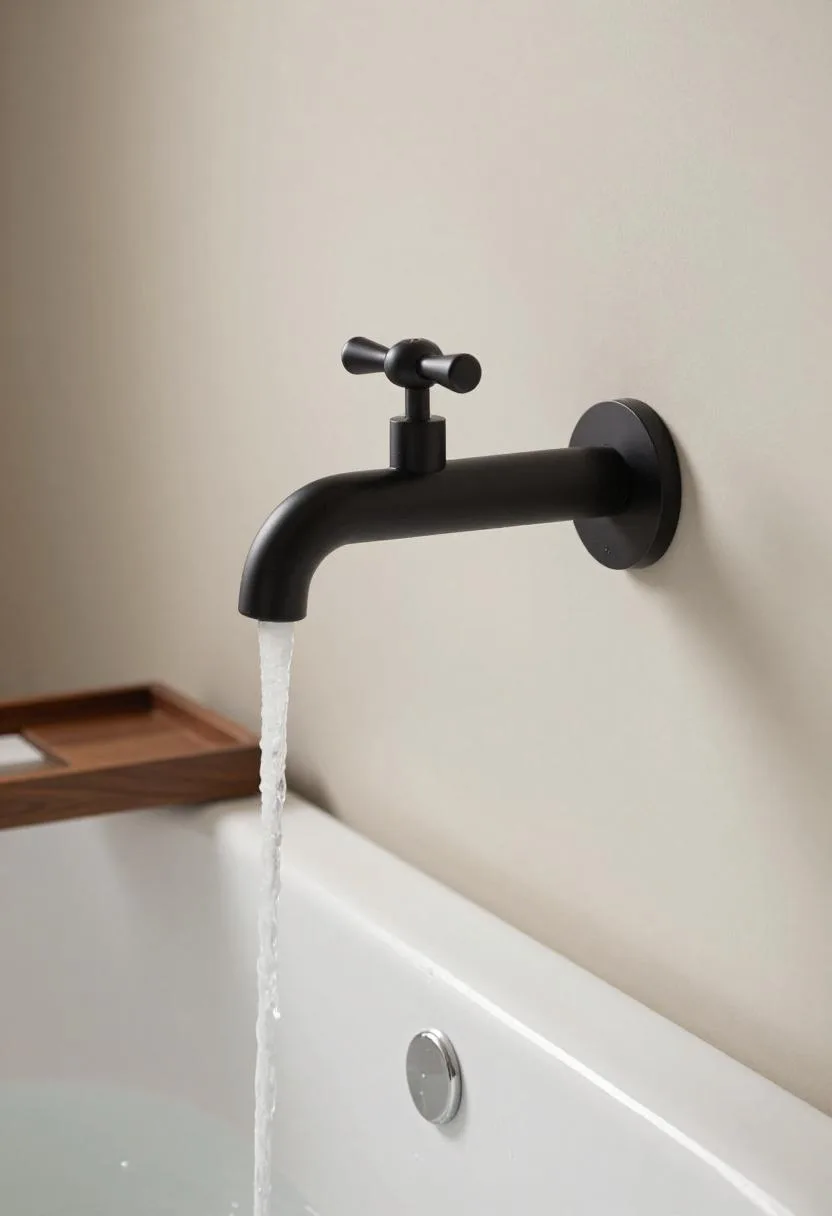 Wall-mounted cast-iron cross-handle faucet filling a white clawfoot tub with a walnut tray laid across the rim