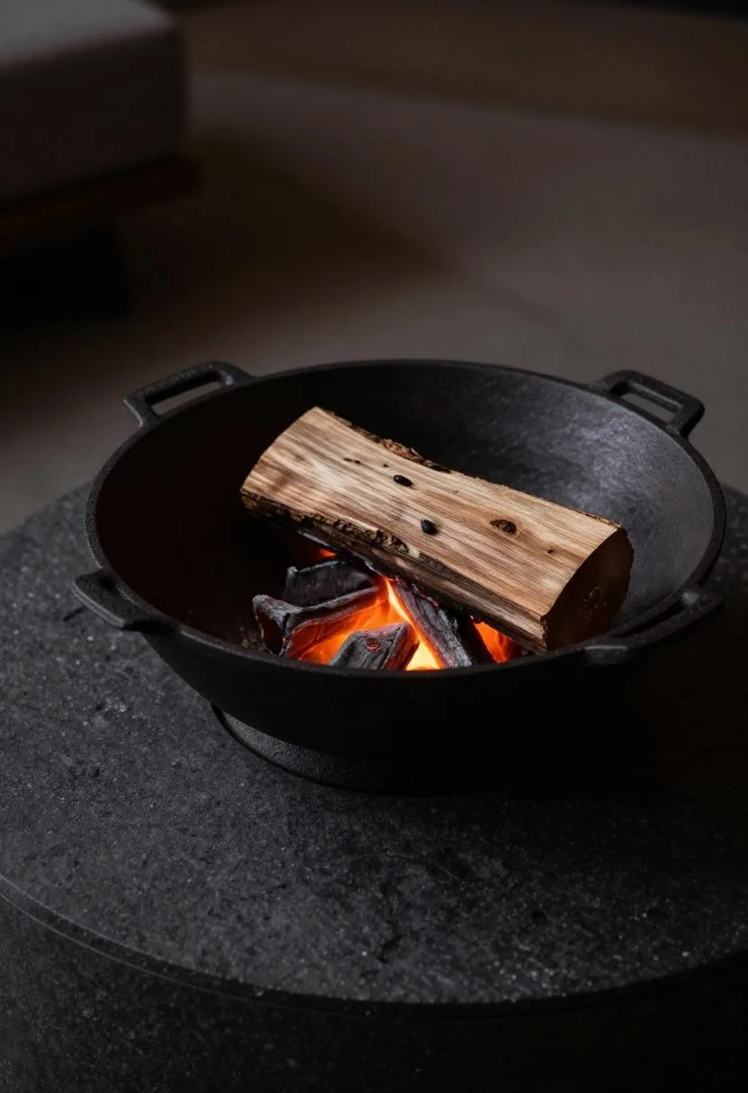 Deep close-up overhead view of a dark cast iron fire bowl with glowing embers on basalt pavers