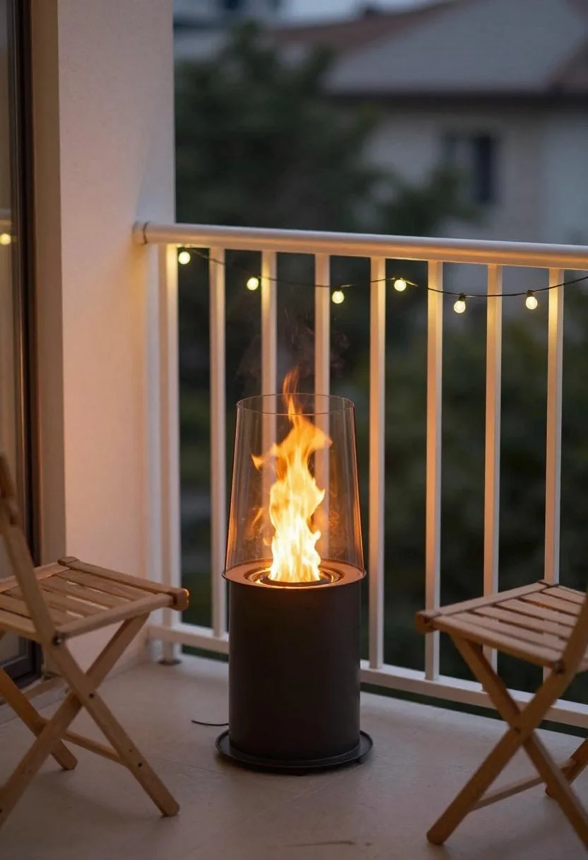 Cast-iron fire table and folding teak chairs transforming a narrow balcony into an intimate evening gathering spot