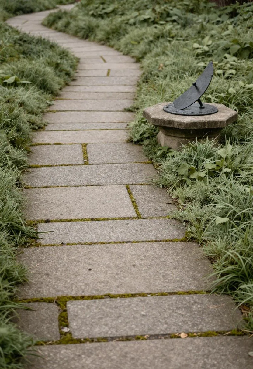 Cast iron sundial on a limestone pedestal beside a moss-edged flagstone garden path