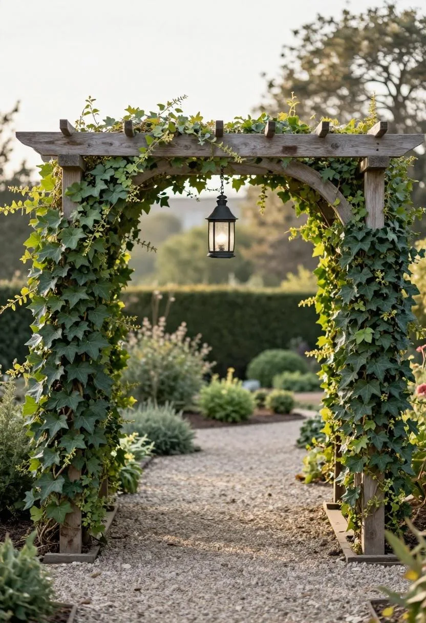 Cedar pergola arch with ivy-covered posts and a cast-iron lantern over a morning garden path