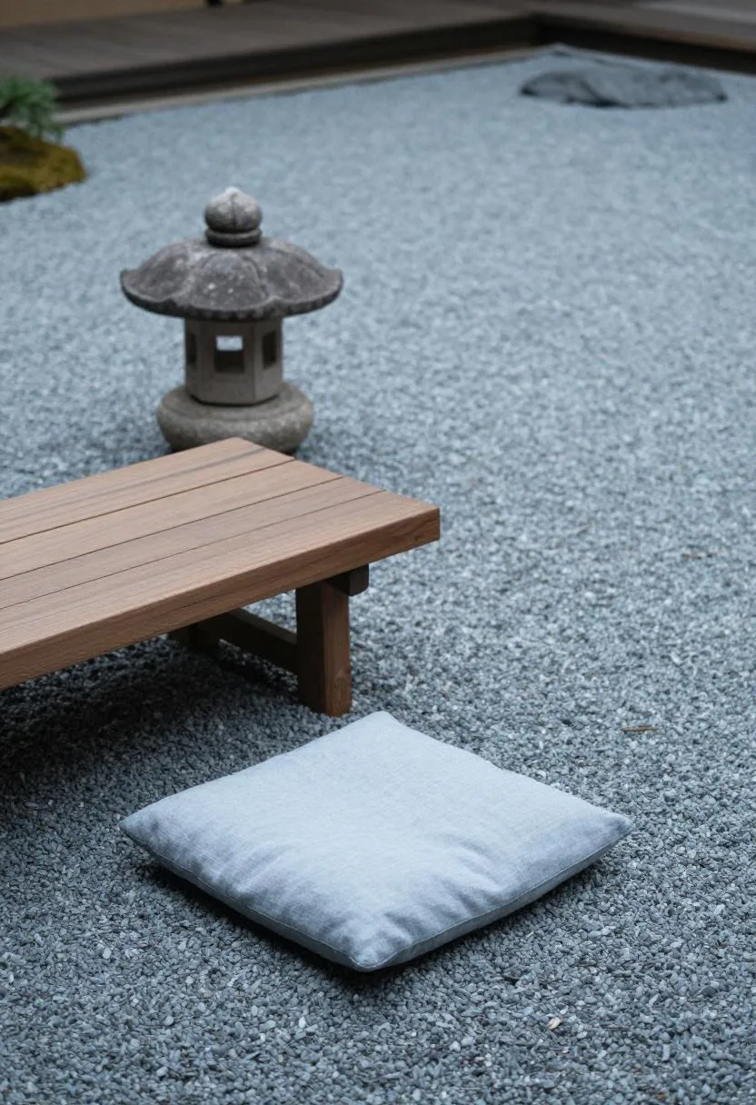 Cedar bench with pale blue-grey cushion and stone lantern beside an uncluttered zen garden path