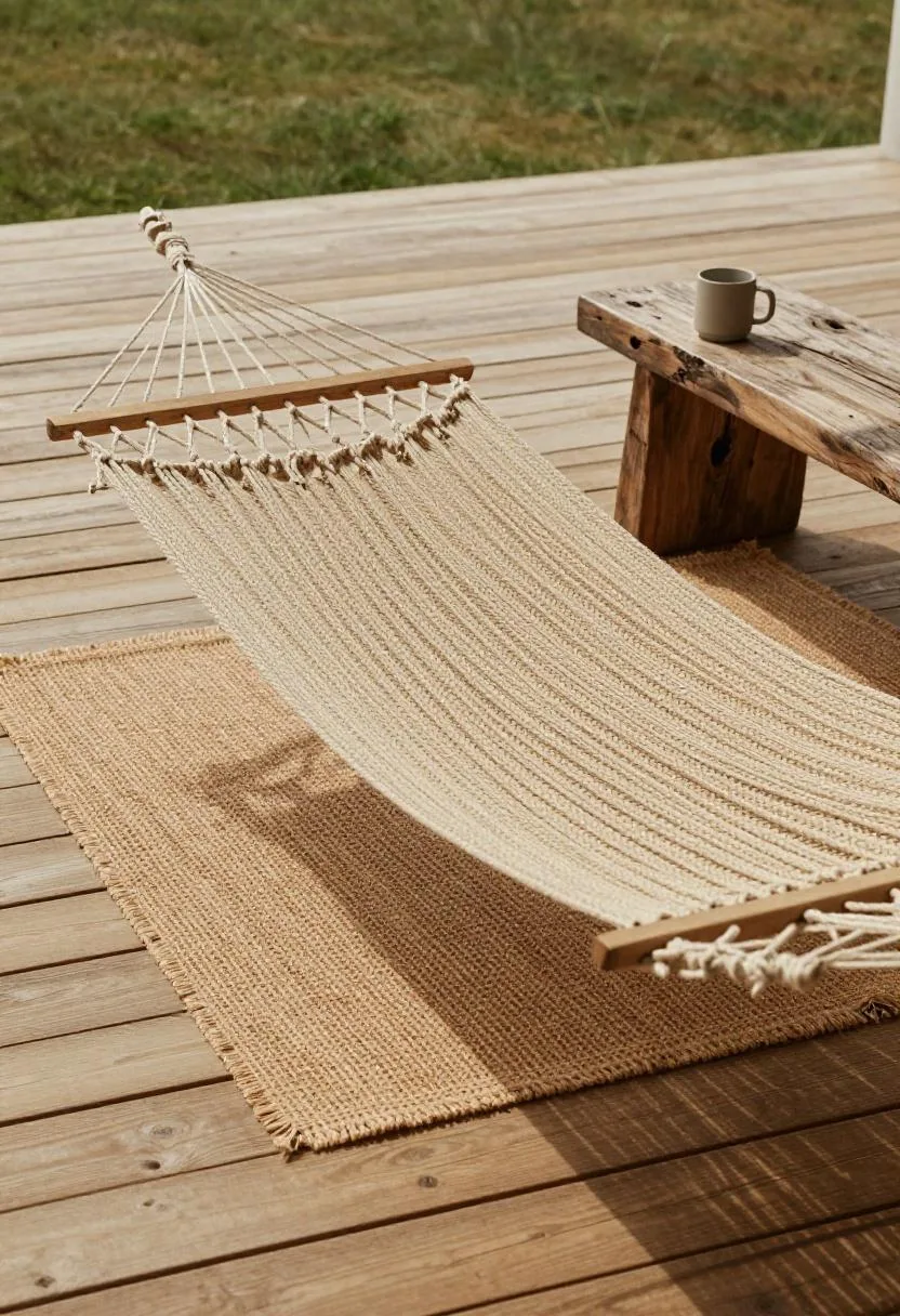 Overhead view of a natural rope hammock and sisal mat on a cedar deck with a driftwood side table
