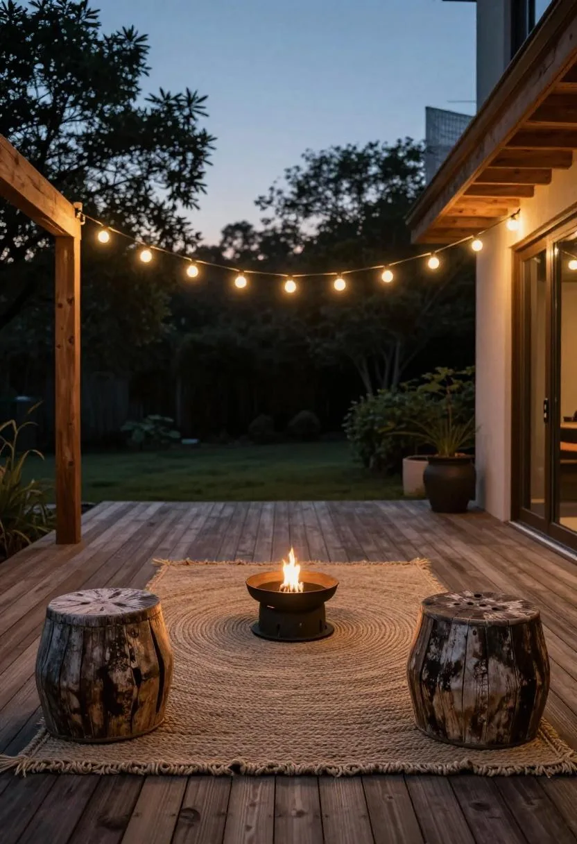 Natural rope rug and globe string lights on a cedar deck at dusk with teak stools around a fire lantern