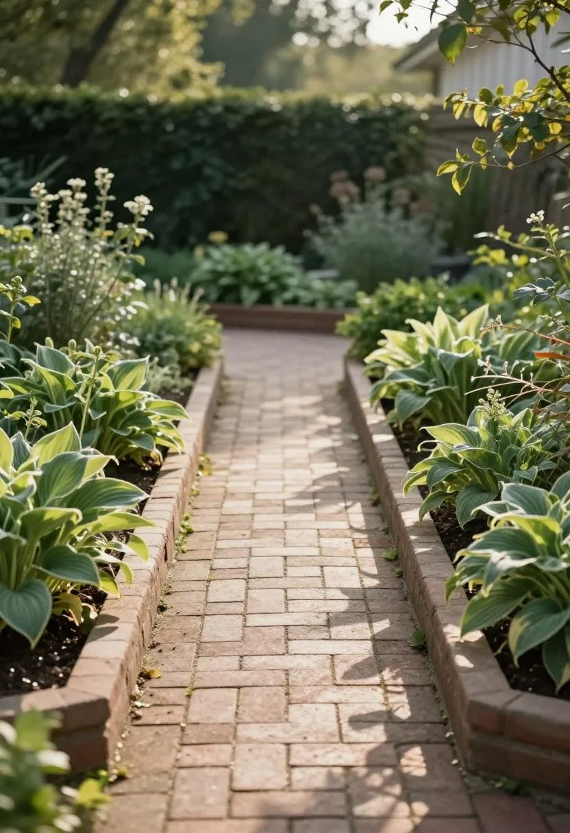Parallel cedar-bordered hosta beds in medium green symmetrically framing a brick herringbone cottage path