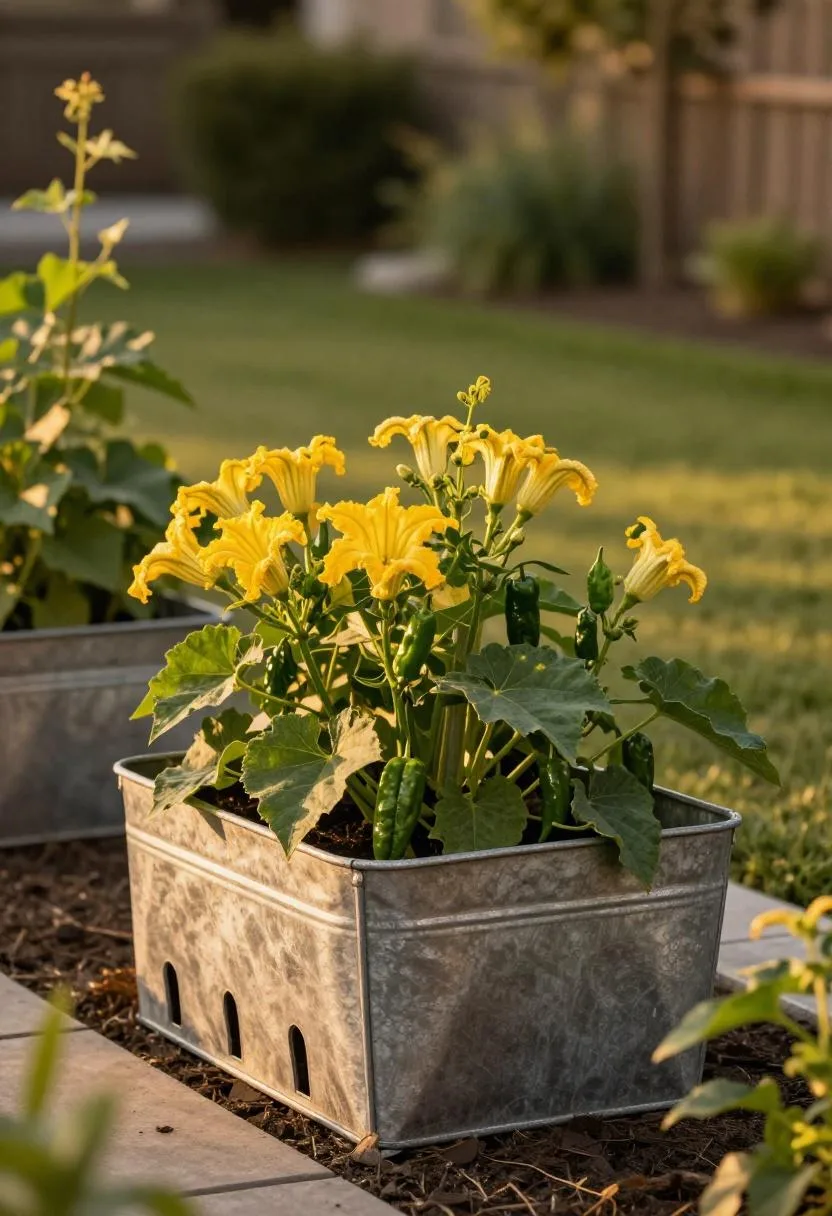 Tall cedar keyhole raised bed with squash blossoms and peppers, compost basket at center