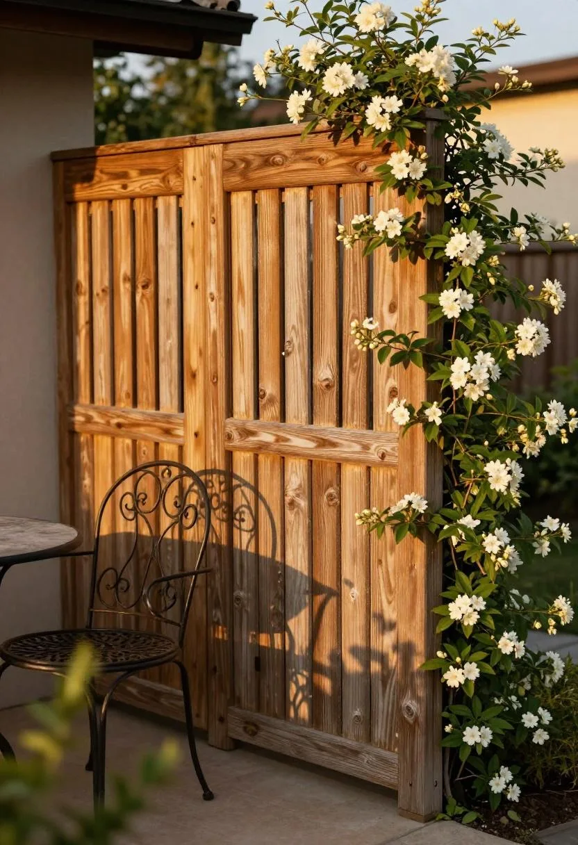 Amber cedar lattice with climbing jasmine bringing cottage charm and privacy to a backyard patio