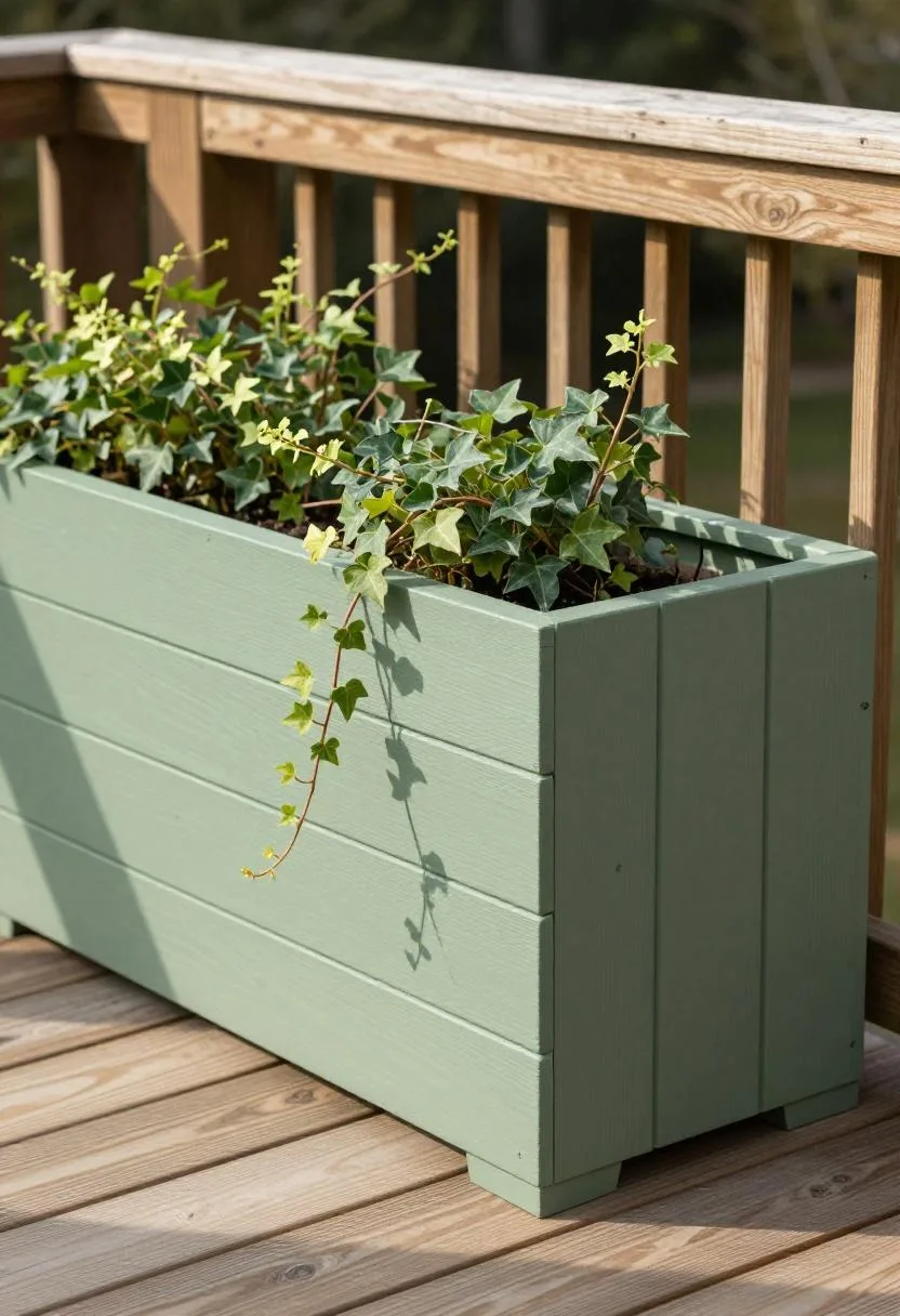 Cedar planter box in sage green with trailing ivy on a deck railing