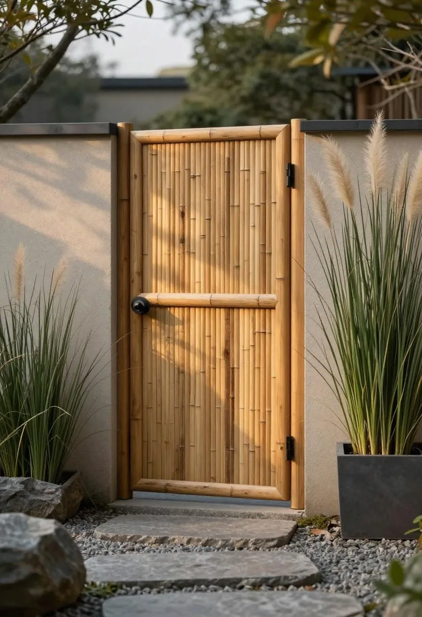 Cedar planter with ornamental grasses beside a bamboo garden gate at golden hour