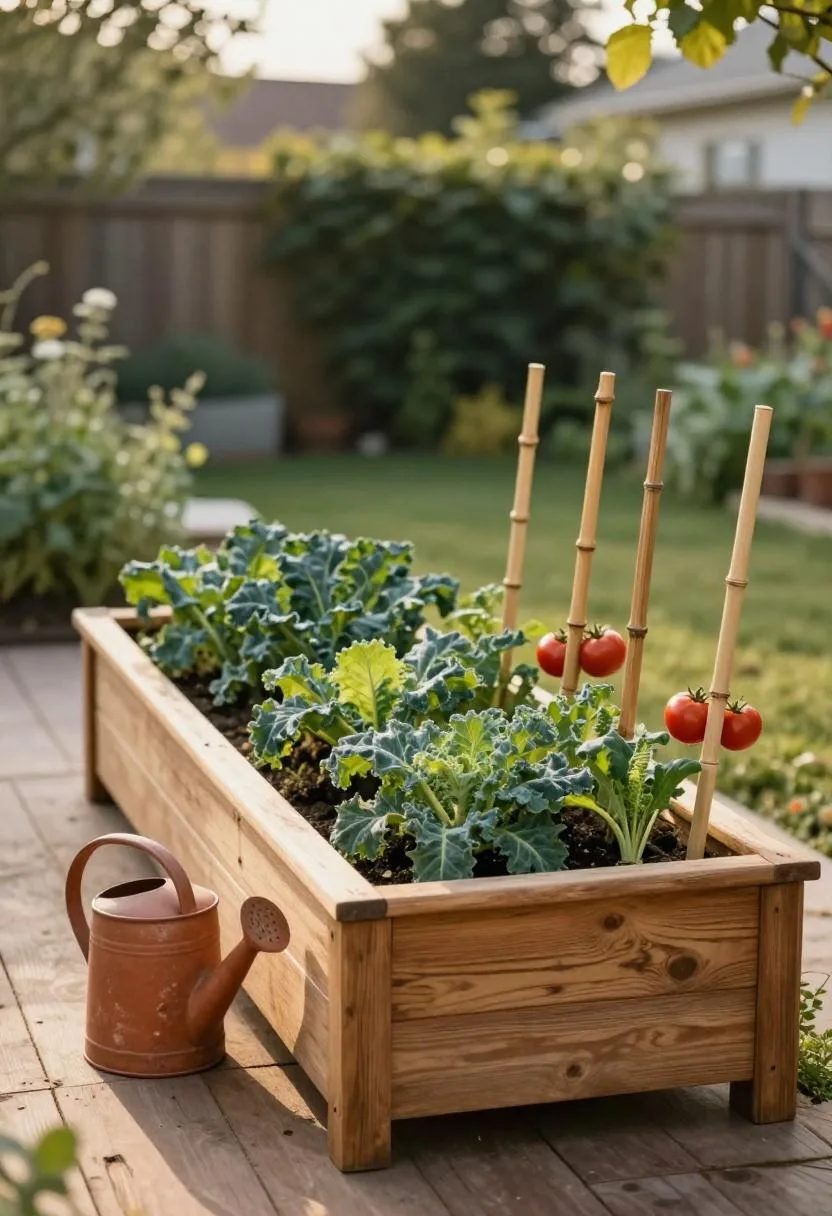 Interior design - cedar raised bed kale tomatoes golden hour garden