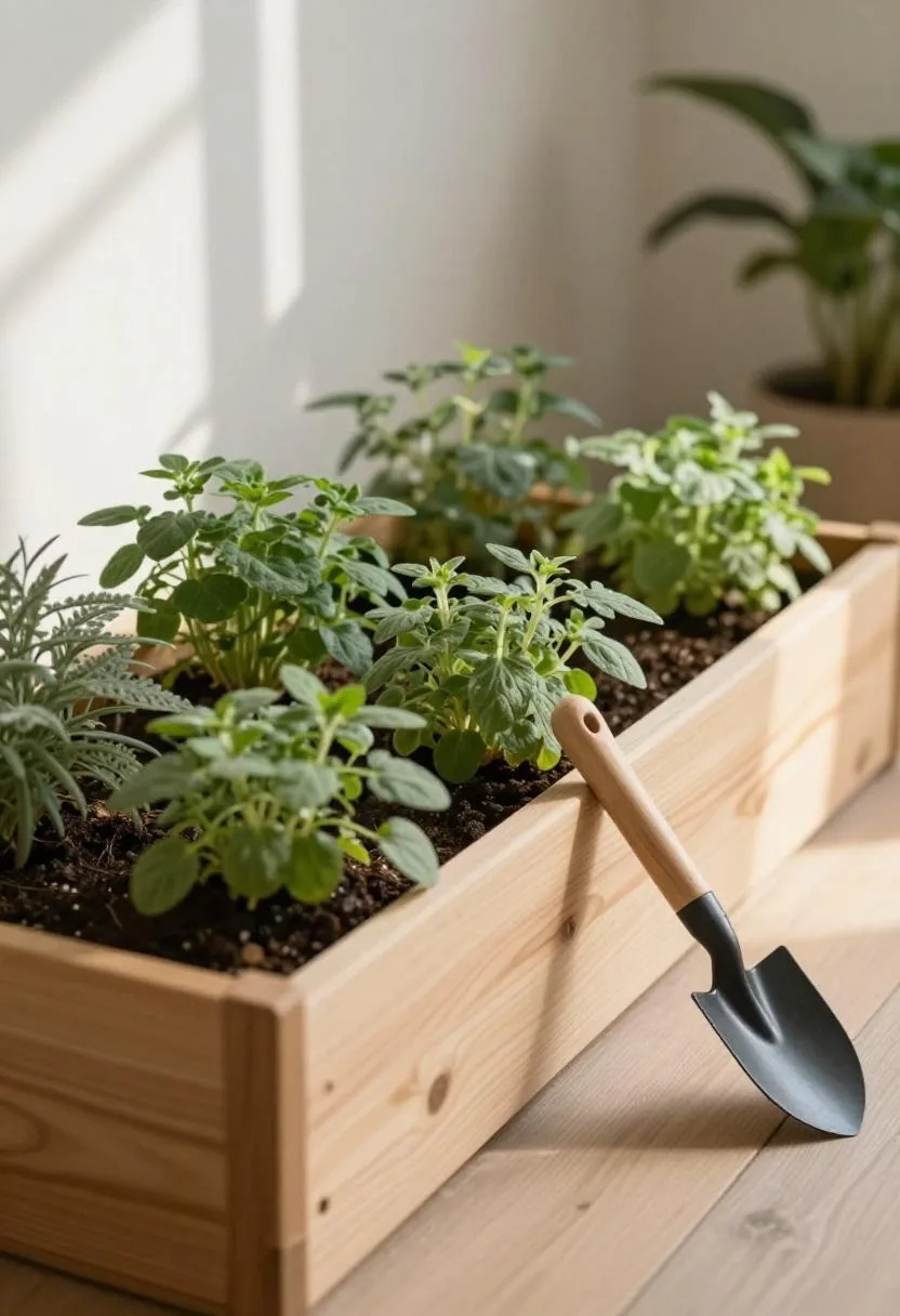 Low cedar raised garden bed with child-scaled trowel surrounded by established herb plantings