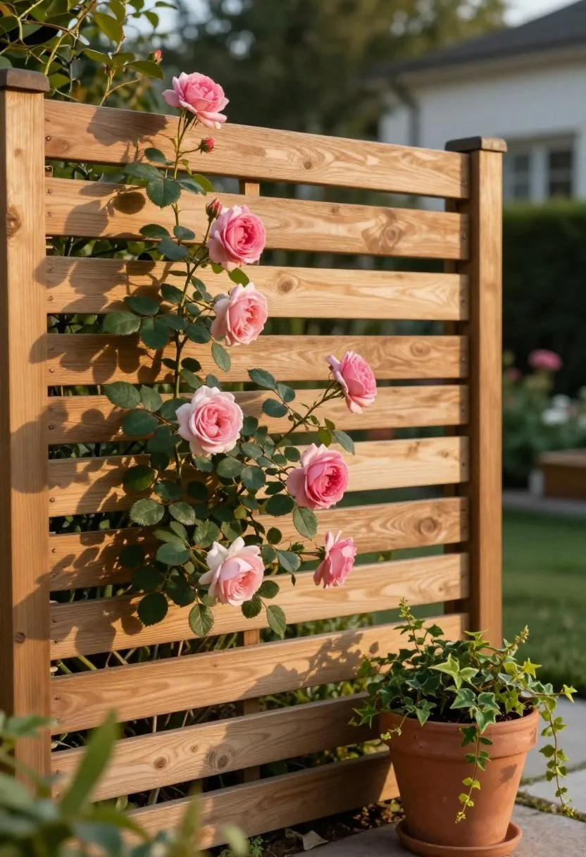 Cedar trellis with climbing roses and an ivy-filled terracotta pot in morning garden light
