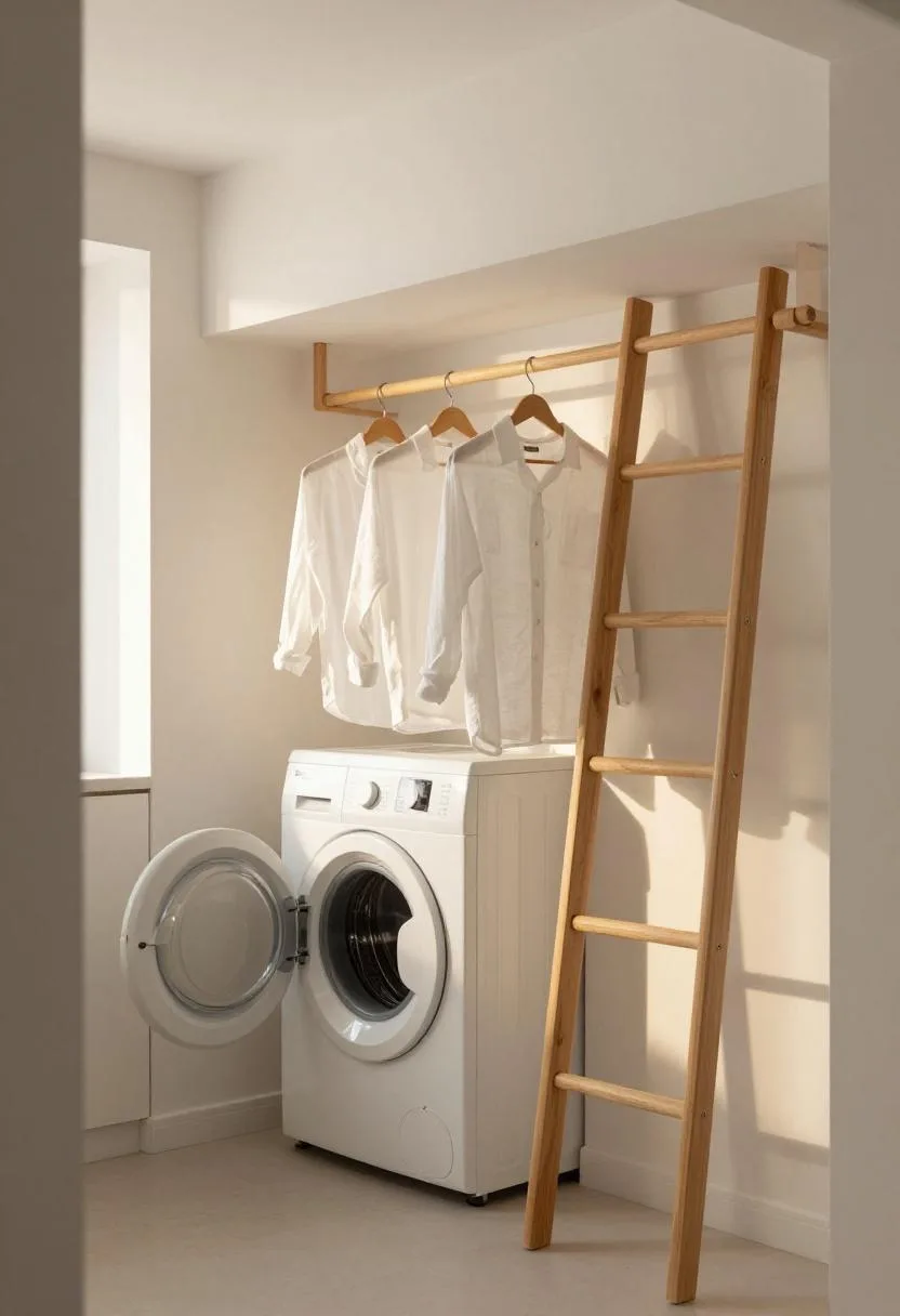 Ceiling-hung ash wood drying ladder above washer in a Scandinavian laundry nook