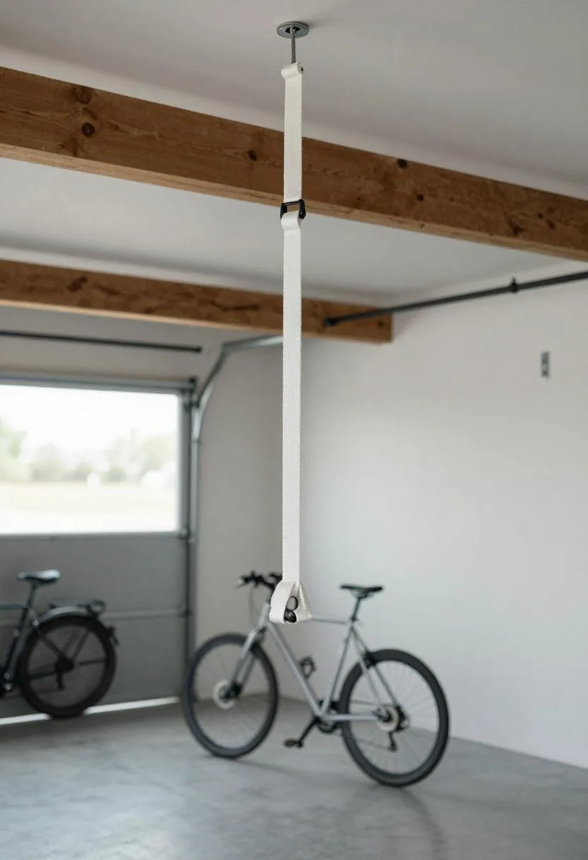 Ceiling pulley system storing a bicycle overhead to free up the entire garage floor below
