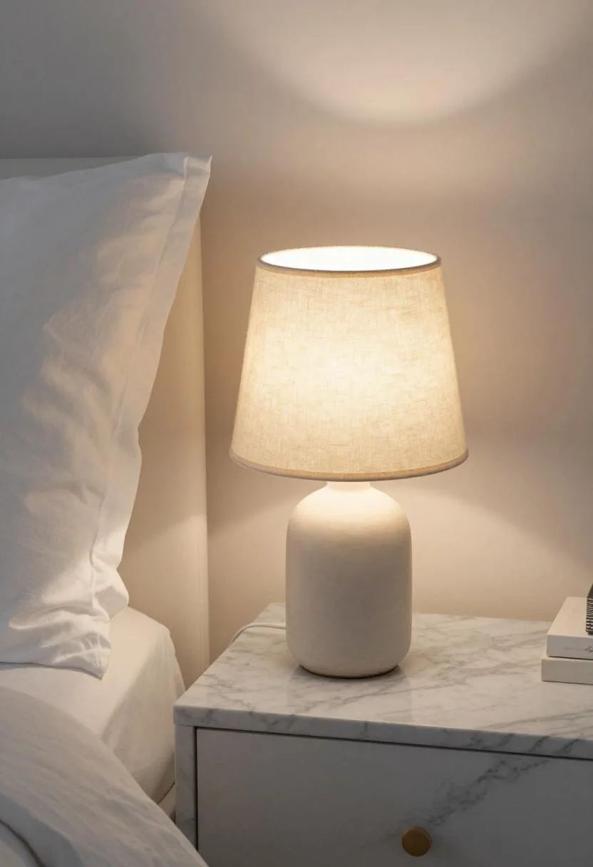 Ceramic table lamp with a warm linen shade on a marble nightstand in evening light