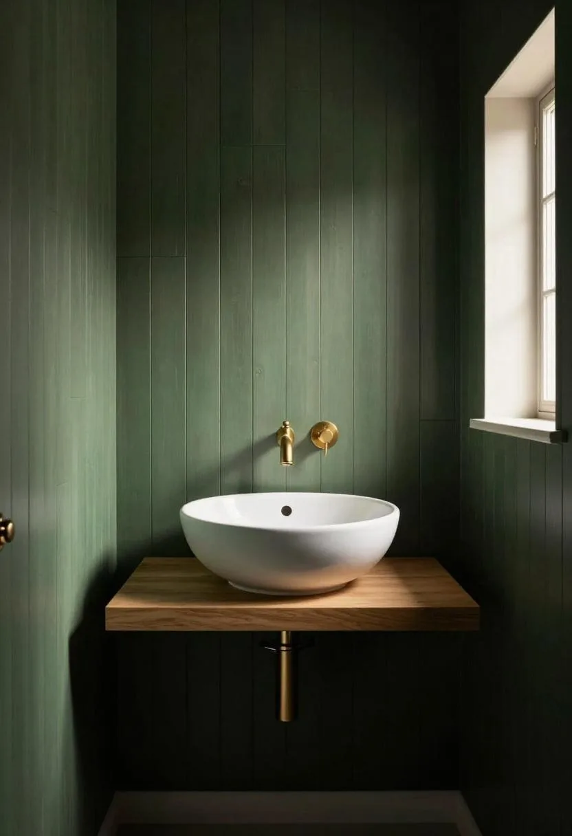 Round ceramic vessel sink on a floating oak shelf against dark forest green painted shiplap pine walls