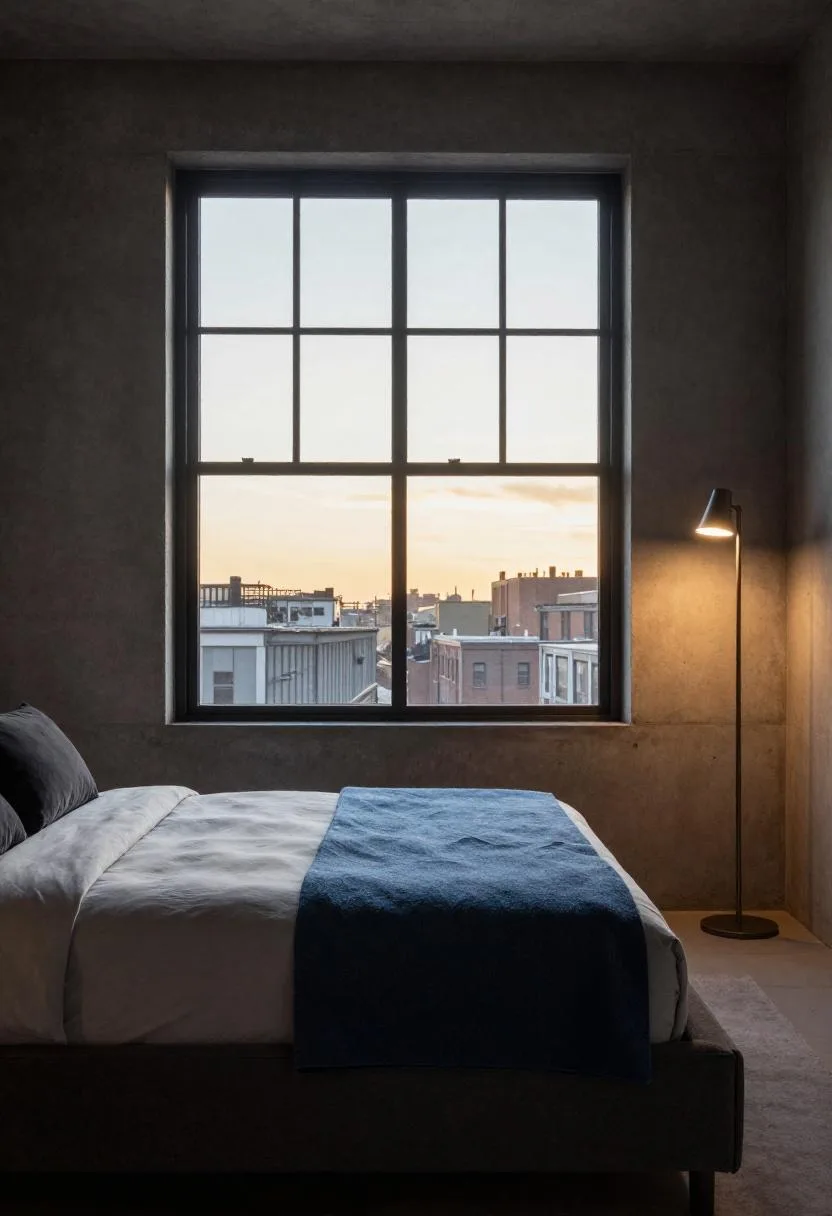 Charcoal upholstered bed with slate blue wool throw and tall steel floor lamp at golden hour