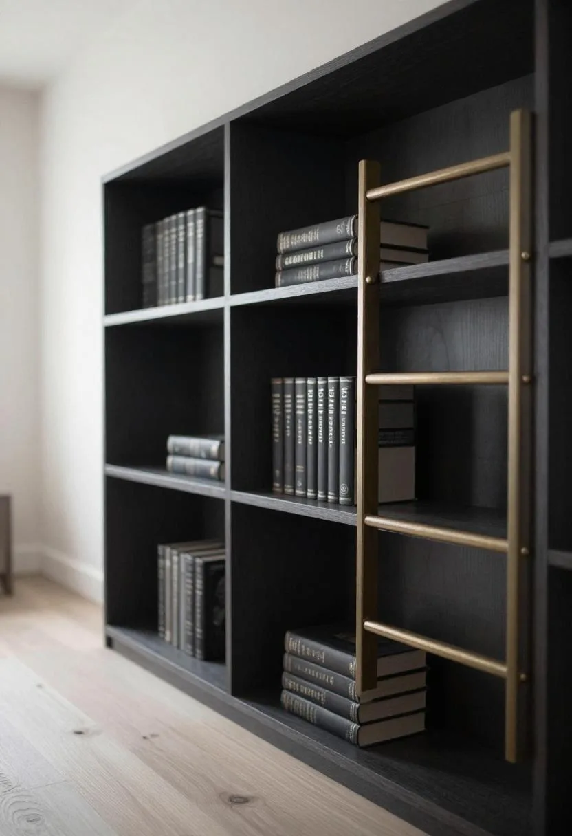 Bold charcoal built-in bookshelf with brass ladder rail for a dramatic library-style look