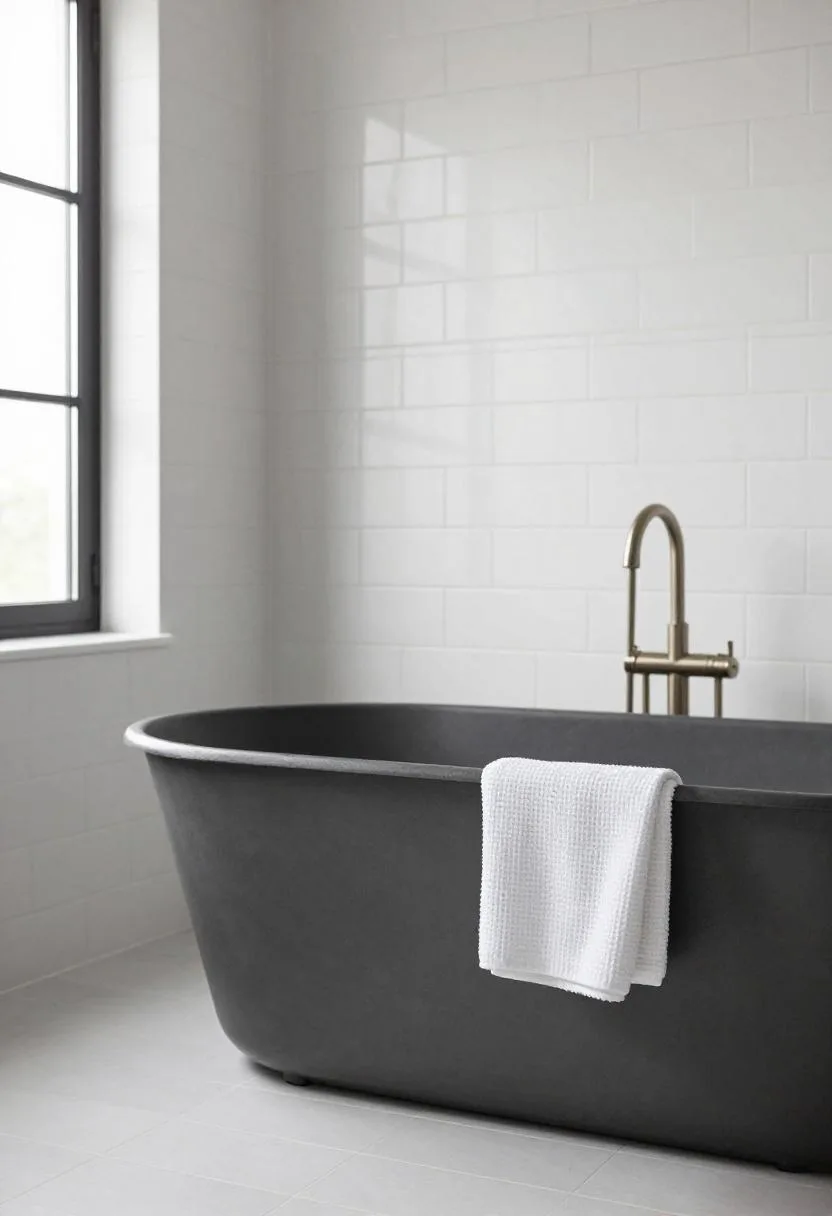 Matte charcoal freestanding cast-iron tub with white waffle towel against white subway tile