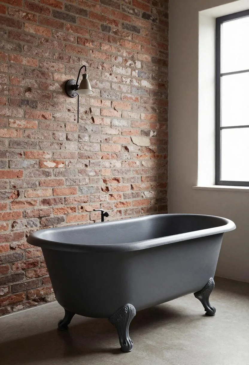 Charcoal gray clawfoot tub against exposed brick wall with vintage industrial sconce