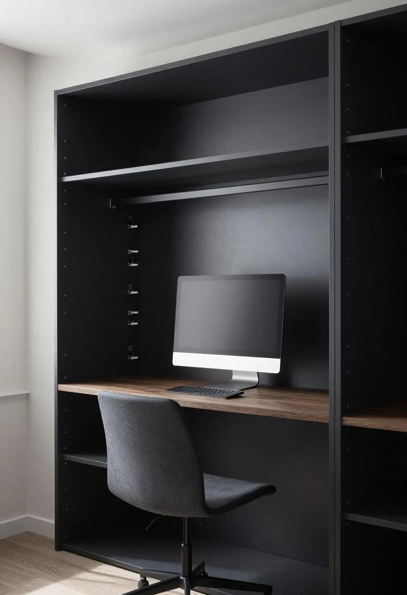 Charcoal closet office with steel open shelving and fully organized cable management system behind desk