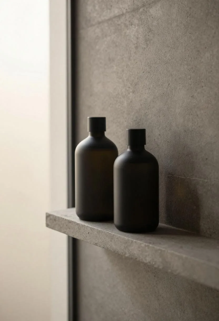 Charcoal concrete shower niche holding two matte black product bottles in soft morning light