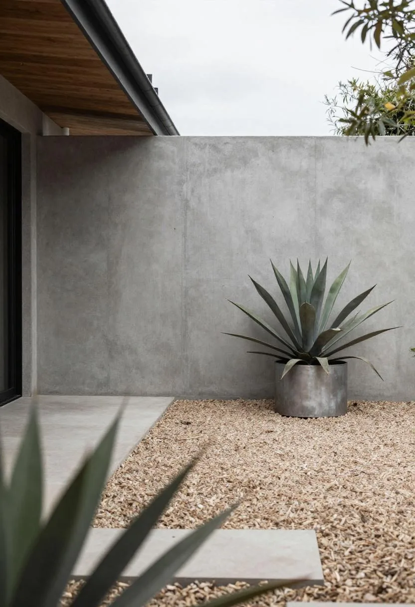 A smooth charcoal concrete wall with a single agave planter creating a bold minimalist privacy screen