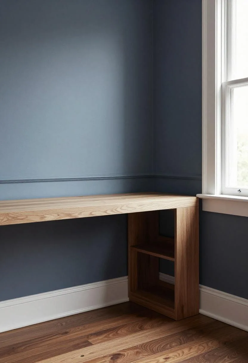 Charcoal craftsman baseboard trim paired with a cool blue accent wall for a grounded bold home office aesthetic