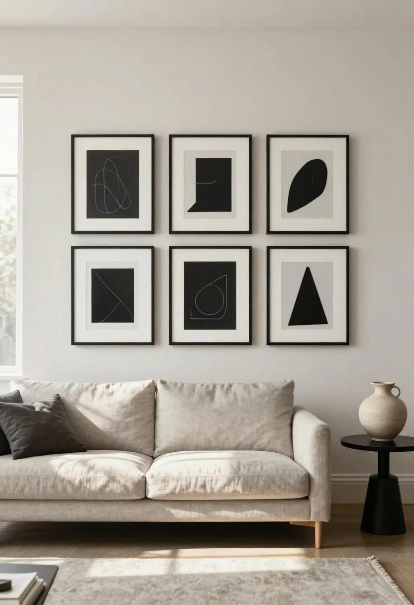 Charcoal-framed gallery wall above a linen sofa with morning sunlight