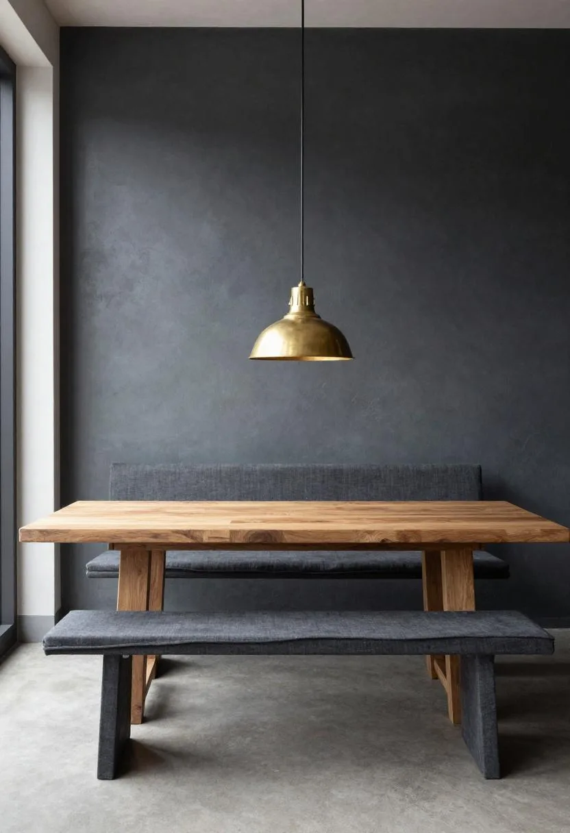 Dark breakfast nook with charcoal linen bench, smoked oak table and warm brass pendant light