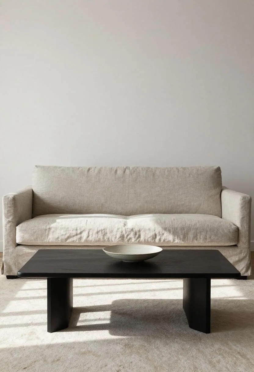 Interior design - charcoal linen sofa black steel coffee table minimalist