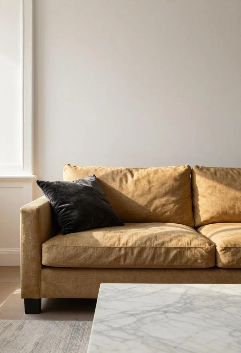 Charcoal linen sofa styled with velvet cushions and a marble coffee table in morning light