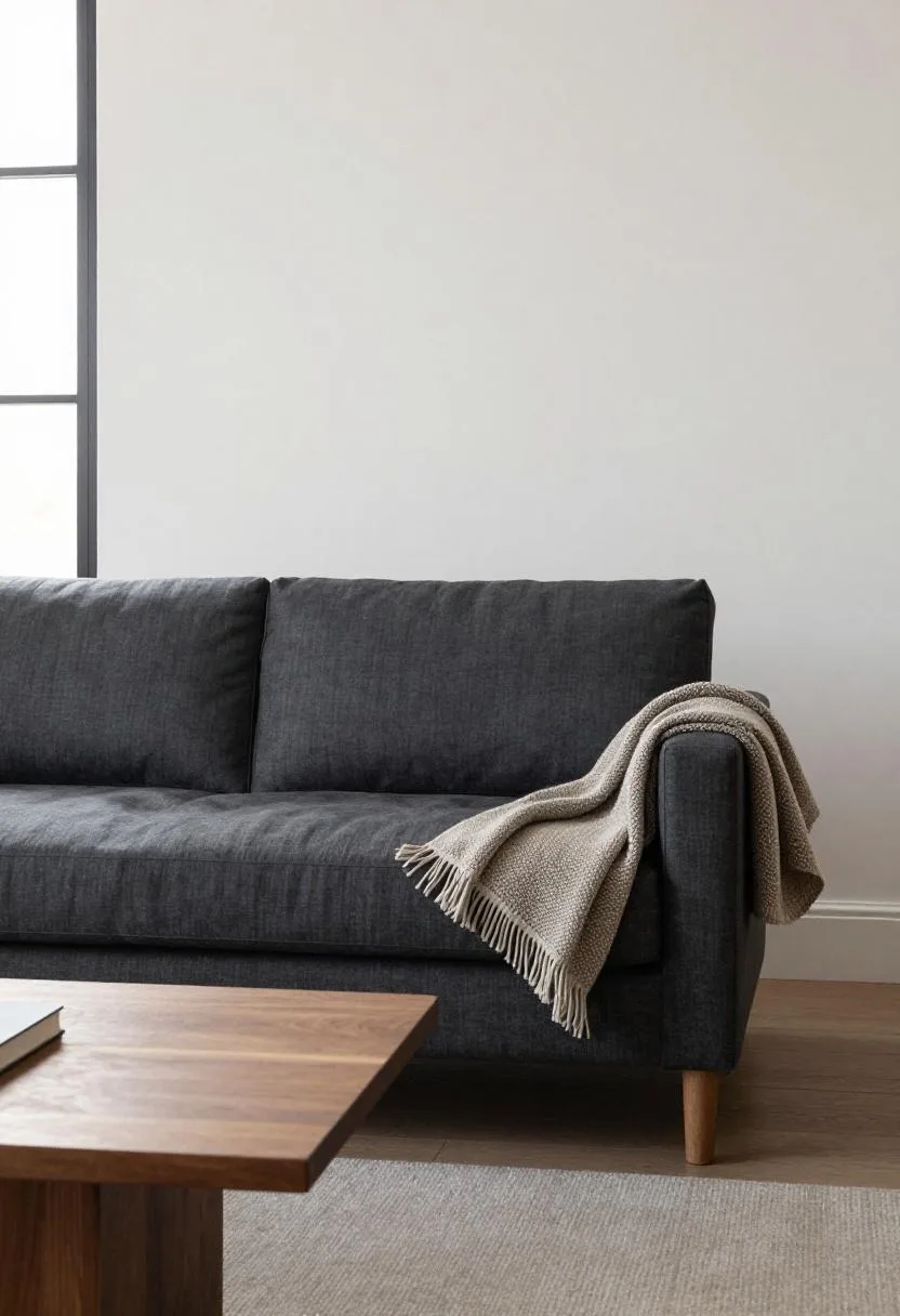 Charcoal linen sofa with a walnut coffee table and draped wool blanket in afternoon sun