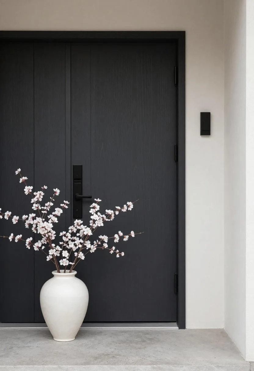 Charcoal modern front door with an off-white ceramic cherry blossom vase on the side landing