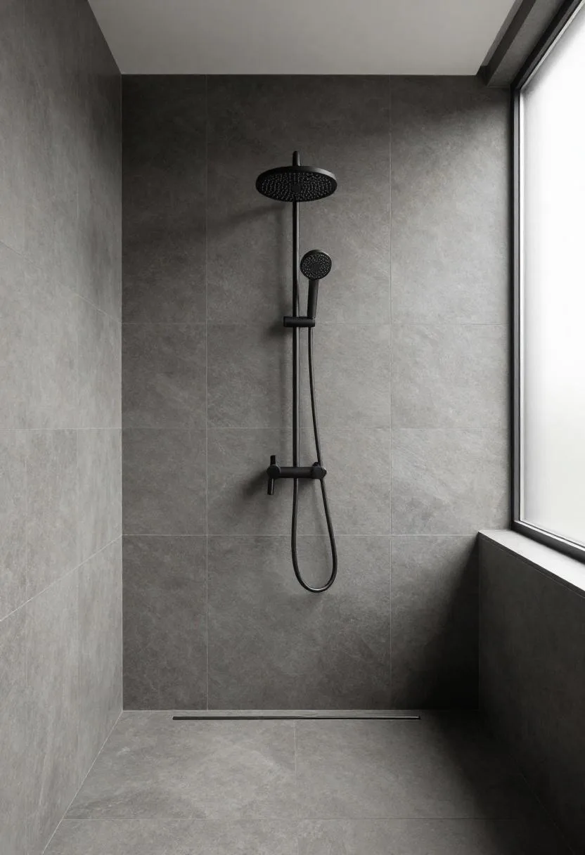 Charcoal slate bathroom walls with a wall-mounted matte black rain showerhead positioned overhead