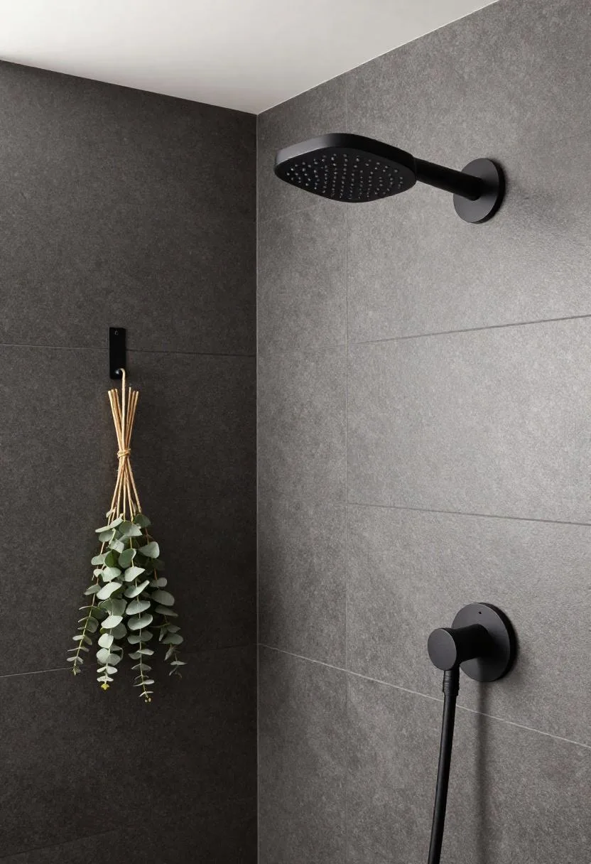 Charcoal slate walk-in shower with matte black fixtures and a hanging eucalyptus bundle