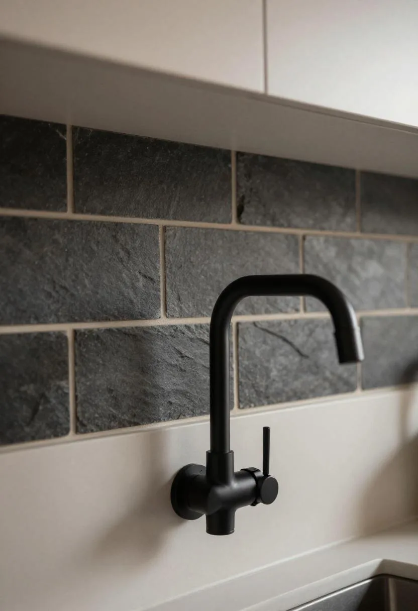 Charcoal slate subway tile backsplash with warm cream grout lines and a matte black faucet