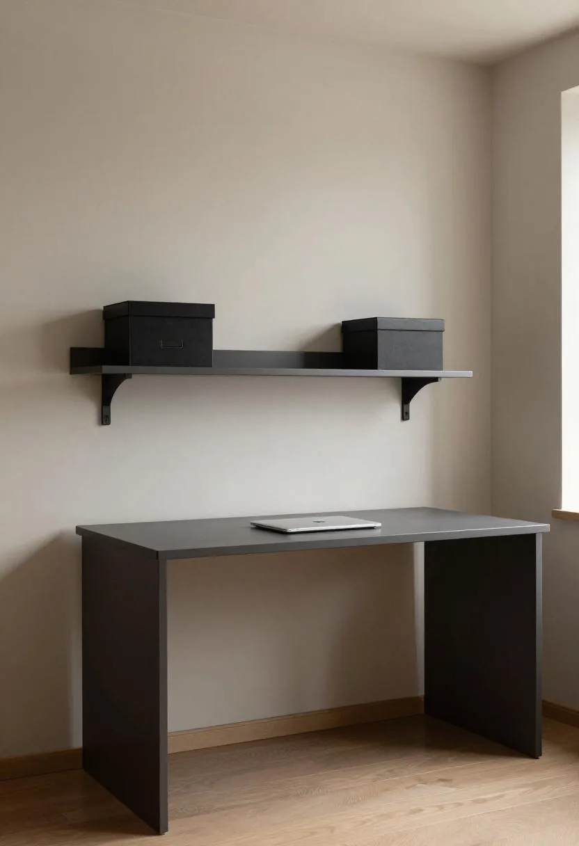 Compact charcoal steel desk built under the staircase with clean open shelving above and minimal styling