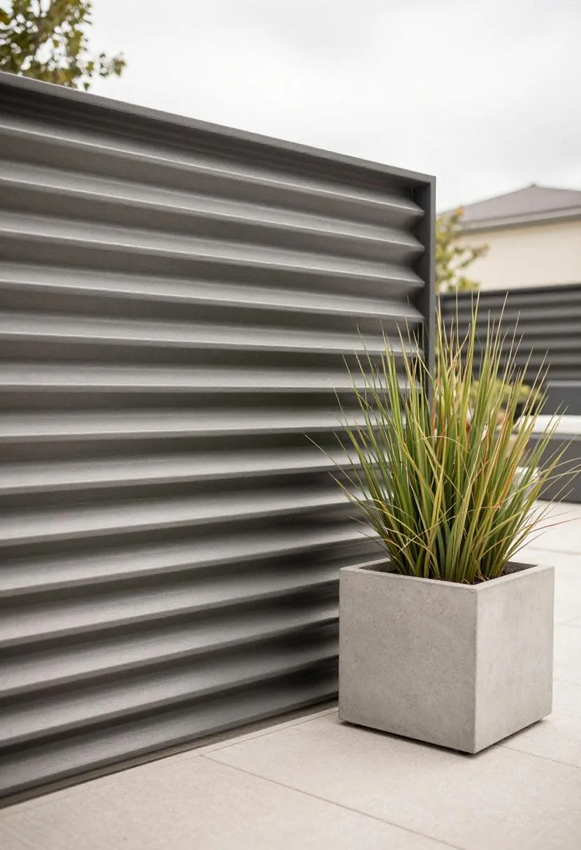 Charcoal steel slat panels delivering a sleek modern privacy boundary for an outdoor living area