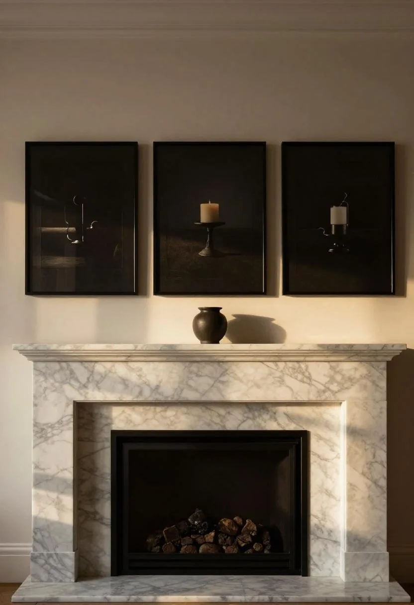 Charcoal-framed gallery triptych above a marble fireplace mantel at golden hour