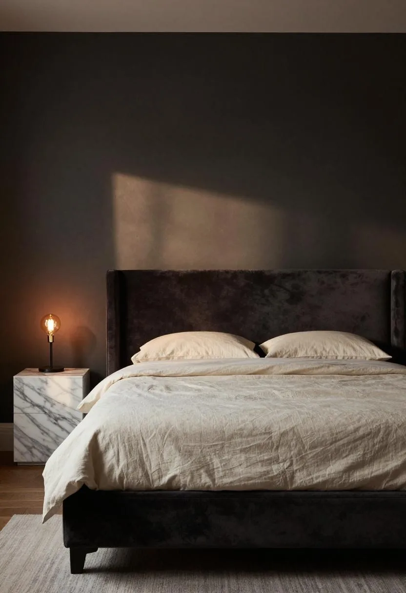 Charcoal velvet bed frame with cream linen duvet and an Edison lamp on a marble nightstand