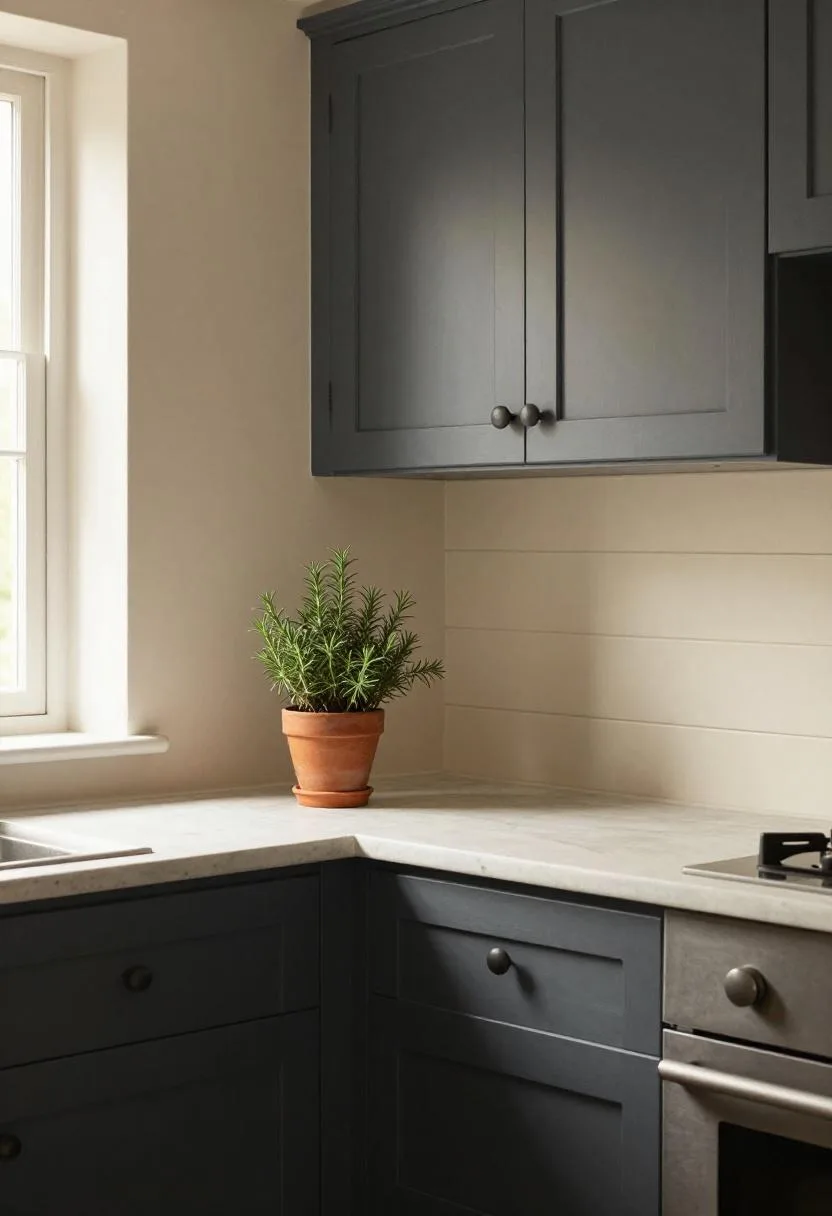 Charcoal-painted Victorian baseboard trim making a dramatic statement against cream tongue-and-groove in a Cottagecore kitchen